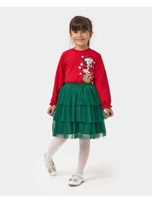 Magu Kız Çocuk Pamuklu Yeni Yıl Temalı Baskılı Etekli Takım - Sweatshirt Katlı Tül Etek