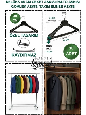 Manken İstanbul 10 Adet 48 cm Kaydırma Yapmaz, Geniş Omuz, Özel Üretim Ceket Askısı,palto Askısı,takım Elbise Askısı