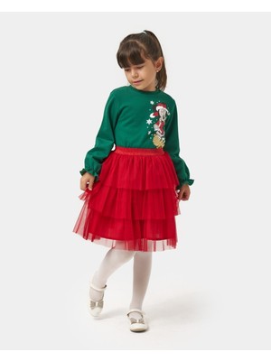Magu Kız Çocuk Pamuklu Yeşil Kırmızı Yeni Yıl Temalı Baskılı Etekli Takım - Sweatshirt Katlı Tül Etek