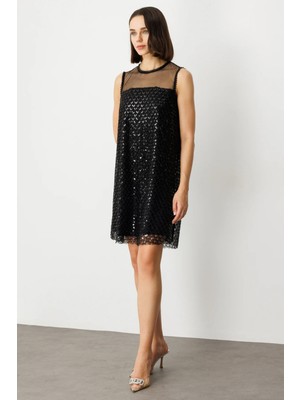 Ekol Pul ve Boncuklu Diz Üstü Elbise 5206