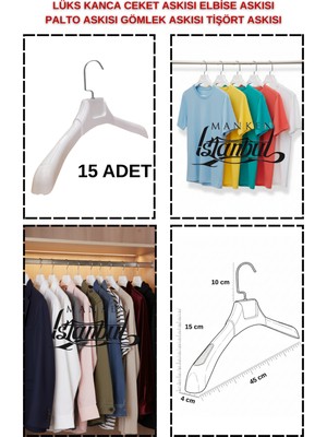 Manken İstanbul 15 Adet Özel Kancalı - Beyaz 45 cm Abs Plastik Ceket Askısı Palto Askısı Elbise Askısı–şık Tasarım