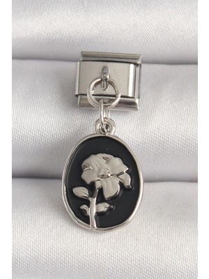 Butik 316L Çelik Gümüş Renk Gümüş Çiçek Işlemeli Siyah Portre Model Nomination Charm