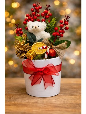 NarOva Home Seramik Saksıda Yapay Kokina ve Peluş Ayıcık Dekor - Dekoratif Arajman