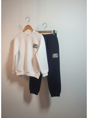 Minik Motion Çocuk Eşofman Takımı Rahat Kullanım 2 Iplik Krem Siyah Kombin Rubber Kabartmalı Baskı