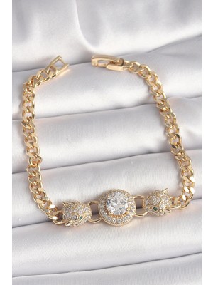 Butik Pirinç Gold Renk Zirkon Taşlı Leopar Figür Zincir Model Kadın Bileklik