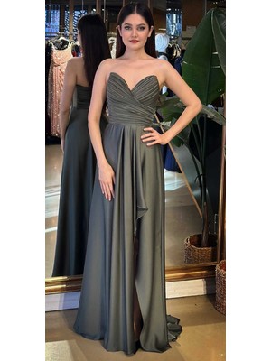 Abiyeniall Olive Straplez Yaka Anvelop Yırtmaçlı Kloş Etekli Saten Uzun Abiye Elbise 11095-10