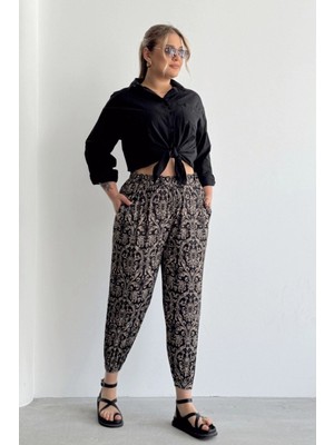 Stil Diva Büyük Beden Beli ve Paçası Lastikli Cepli Desenli Şalvar Pantolon 74-75
