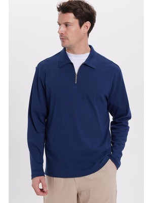 Tudors Erkek Relax Fit Rahat Kesim %100 Pamuk Yarım Fermuarlı Polo Yaka İnterlok Lacivert Sweatshirt
