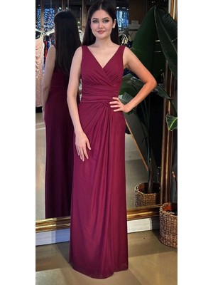 Abiyeniall Bordo V Yaka Kalın Askı Anvelop Yırtmaçlı Düz Kesim Likralı Tül Uzun Abiye Elbise 11123-07