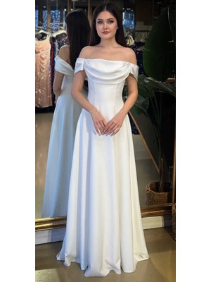 Abiyeniall Kırık Beyaz Madonna Yaka Kloş Etekli Krep Uzun Abiye Elbise 11177-02