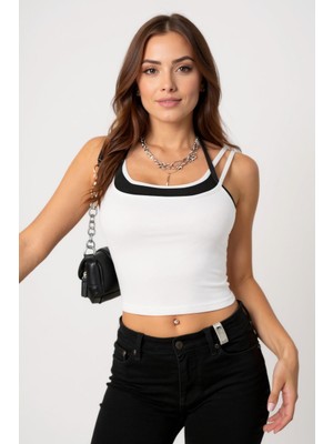 Tuba Toptaş Kadın Siyah Beyaz Çift Renk Çapraz Askılı Crop Top Bluz