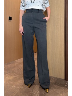 Magarde Duble Paça Detay Palazzo Pantolon- Gri