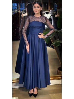 Abiyeniall Lacivert Yuvarlak Yaka Uzun Kollu Kloş Etekli  Saten Midi Abiye Elbise 11139-02