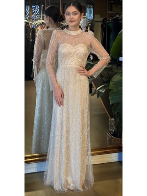 Abiyeniall Bej Yuvarlak Yaka Uzun Kollu Düz Kesim  Pullu Boncuklu Uzun Abiye Elbise 11130-03