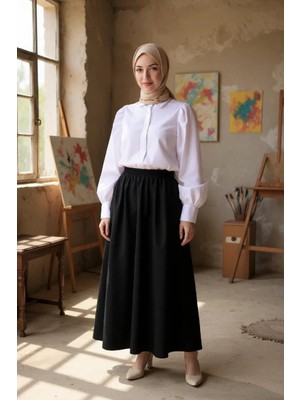 Tuba Toptaş Kadın Siyah Double Kumaş Beli Lastikli Cepli Etek