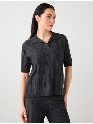 Jimmy Key Antrasit Gömlek Yaka Çizgi Desenli Triko Bluz