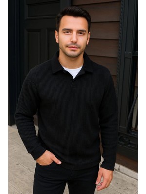 Etiler Collection Erkek Fitilli Polar Sweatshirt – Düğmesiz Polo Yaka, Oversize Rahat Kalıp, Kalın Polar Kumaş, Kışlık ve Baharlık Şık Günlük Üst - Siyah