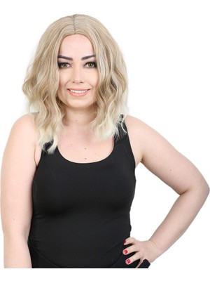 Hsc Bilişim Fiber Sentetik Kısa Dalgalı Perçemsiz Peruk / Karamel / Platin Röfleli