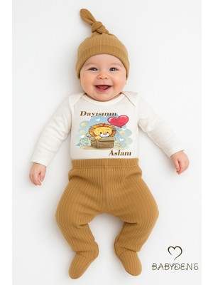 Babyden's Dayısının Aslanı Baskılı 3’lü Bebek Takımı %100 Pamuklu Şapkalı Set Uzun Kol Çıtçıtlı Zıbın Şapka