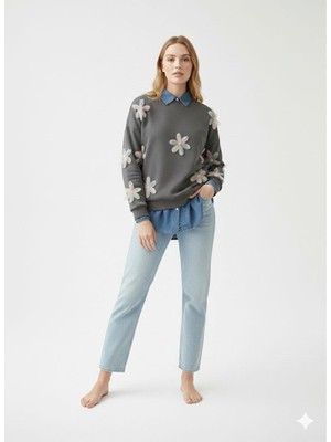 Ribana Classic Kadın Çiçek Tül Detaylı Nakışlı Gömlek Yaka Üç Iplik Kalın Şardonlu Oversize Sweatshirt Tunik
