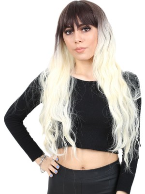 Hsc Bilişim Perçemli Uzun Su Dalgası Fiber Sentetik Peruk / Küllü Açık Kahve / Platin Ombreli