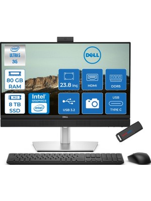 Dell Pro Plus All-In-One Intel Core Ultra 5 245 5.1ghz 80GB Ddr5 8tb SSD Intel Aı Boost Freedos 23.8'' Fullhd (1920 x 1080) Bilgisayar BTO101QB24250F42 + Zetta Flash Bellek