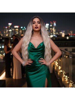 Hsc Bilişim Fiber Sentetik Uzun Su Dalgası Peruk / Kahve / Platin Ombreli