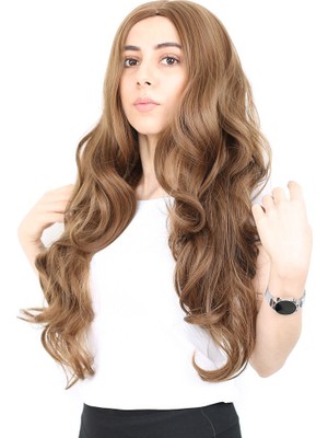 Hsc Bilişim Yoğun Dalgalı Fiber Sentetik Uzun Perçemsiz Peruk / Kumral