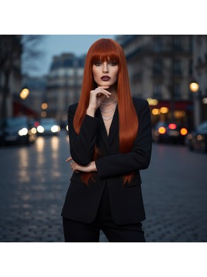 Hsc Bilişim Düz Perçemli Uzun Fiber Sentetik Peruk / Bakır