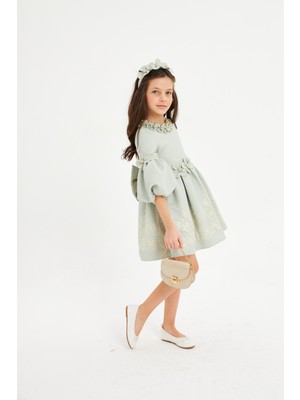 Baby Hola Babyhola Özel Tasarım Jakarlı Balon Kol Kız Çocuk Abiye Balo Elbisesi Taç ve Çantalı Set Mint9 7064