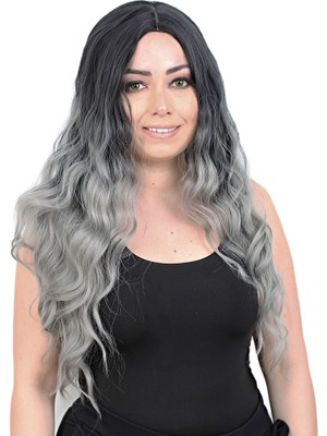 Hsc Bilişim Su Dalgası Uzun Perçemsiz Fiber Sentetik Peruk / Siyah / Gri Ombreli