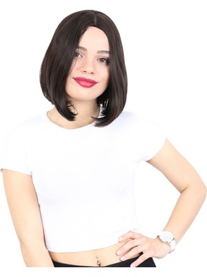 Hsc Bilişim Fiber Sentetik Peruk Perçemsiz Kısa Düz / Kahverengi