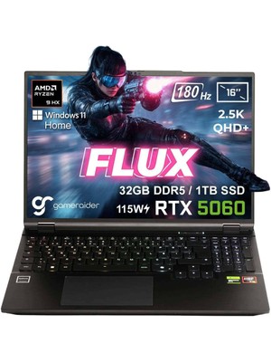 GameRaider FLUX GR16 AMD Ryzen 9-8940HX 32GB DDR5 1TB SSD RTX 5060 8GB 115W 16 inç 2.5K QHD+ 180Hz W11 Home Gaming Laptop