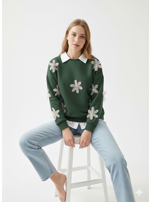 Ribana Classic Kadın Çiçek Tül Detaylı Nakışlı Gömlek Yaka Üç Iplik Kalın Şardonlu Oversize Sweatshirt Tunik