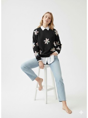 Ribana Classic Kadın Çiçek Tül Detaylı Nakışlı Gömlek Yaka Üç Iplik Kalın Şardonlu Oversize Sweatshirt Tunik