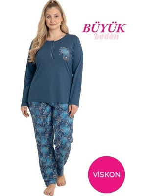 Seamlife Mavi Kadın Büyük Beden Desenli Bisiklet Yaka 3 Düğmeli Mevsimlik Likra Viskon Uzun Kol Pijama Takımı