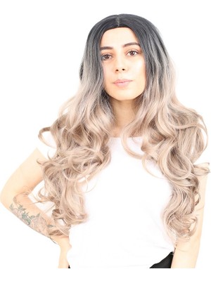 Hsc Bilişim Yoğun Dalgalı Fiber Sentetik Uzun Perçemsiz Peruk / Siyah / Küllü Bebek Sarı Ombreli