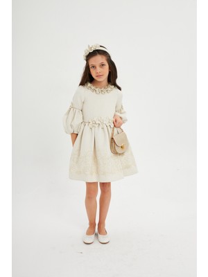 Baby Hola Babyhola Özel Tasarım Jakarlı Balon Kol Kız Çocuk Abiye Balo Elbisesi Taç ve Çantalı Set Ekru9 7064
