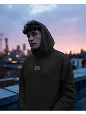 Muhtar Store Siyam Kedili Hoodie Unisex %100 Pamuk | Siyah Kapüşonlu Sweatshirt Göğüs Ortası Logolu
