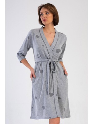 Vienetta Kadın Gri Melanj Kapri Kol Kemerli Kalp Desenli Sabahlık C5T5N1904