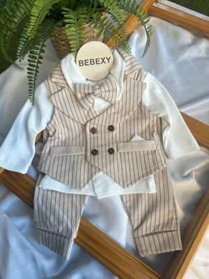 bebexy Papyonlu Ceketli  Bej Çizgili Takım