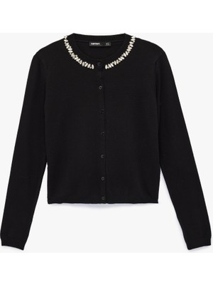 Koton Uzun Kollu Düğmeli Bisiklet Yaka Taşlı Triko Hırka