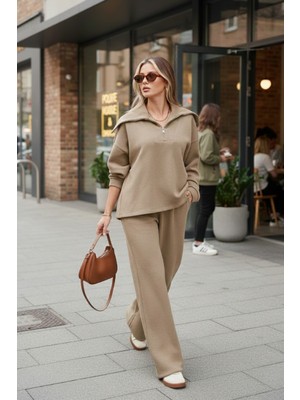 Lela Pamuklu Oversize Fit Yarım Fermuarlı Yaka Uzun Kollu Triko Takım Bayan Takım 68351218