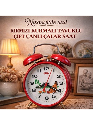 Kırmızı Nostaljik Kurmalı Tavuklu Çift Çanlı Çalar Metal Masa Saati