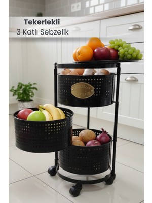 Orvila 3 Katlı Tekerlekli Tepsili Metal Sebzelik Açılır Patates Soğan Meyvelik Sepeti Raf