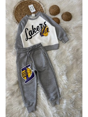Kr Kids Butik Erkek Çocuk Eşofman Takımı Lakers Baskılı Gri Pamuklu