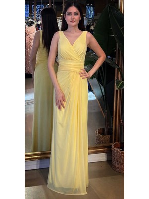 Abiyeniall Sarı V Yaka Kalın Askı Anvelop Yırtmaçlı Düz Kesim Likralı Tül Uzun Abiye Elbise 11123-06