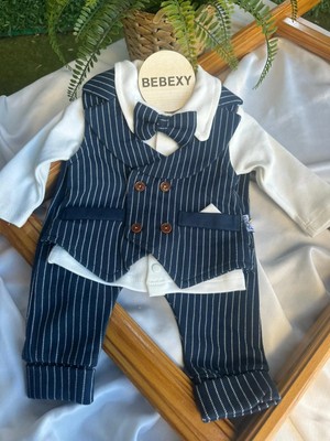 bebexy Papyonlu Ceketli Lacivert Çizgili Takım