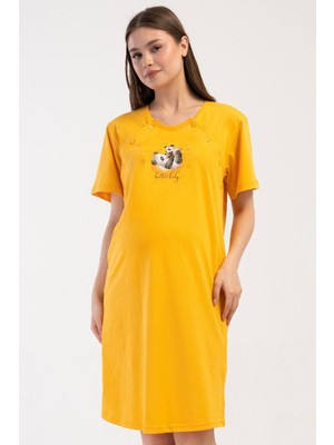Vienetta Kadın Sarı Kısa Kol %100 Pamuk Emzirme Kolaylıklı Lohusa Gecelik C0T2N1014