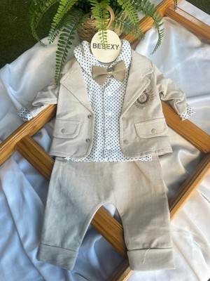 bebexy Papyonlu Ceketli Krem Çizgili Takım